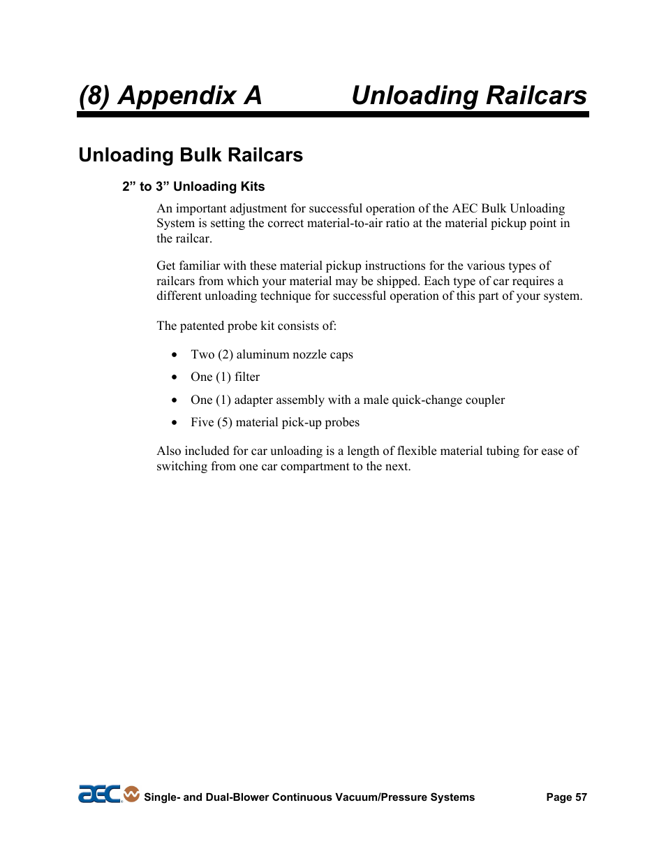 9 conveying system options, 8) appendix a unloading railcars, Unloading bulk railcars | AEC Continuous Vacuum/Pressure Conveying Systems User Manual | Page 58 / 77
