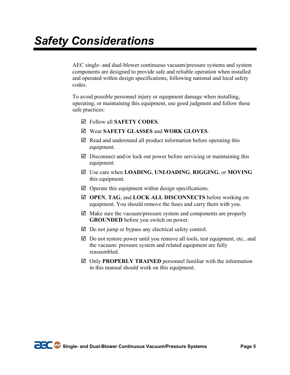Manufacturer information, Safety considerations | AEC Continuous Vacuum/Pressure Conveying Systems User Manual | Page 6 / 77