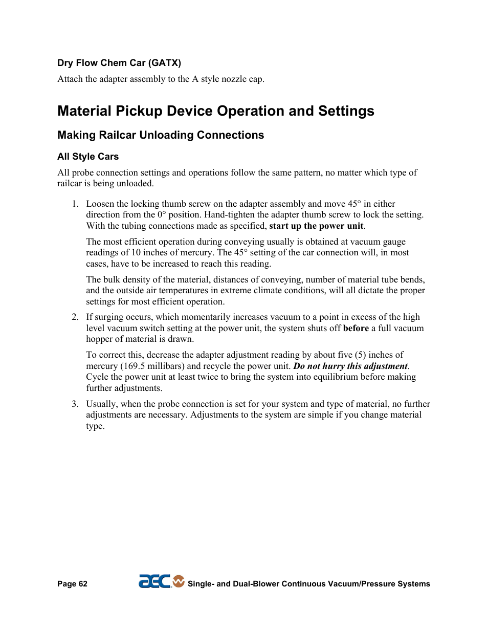 Material pickup device operation and settings | AEC Continuous Vacuum/Pressure Conveying Systems User Manual | Page 63 / 77