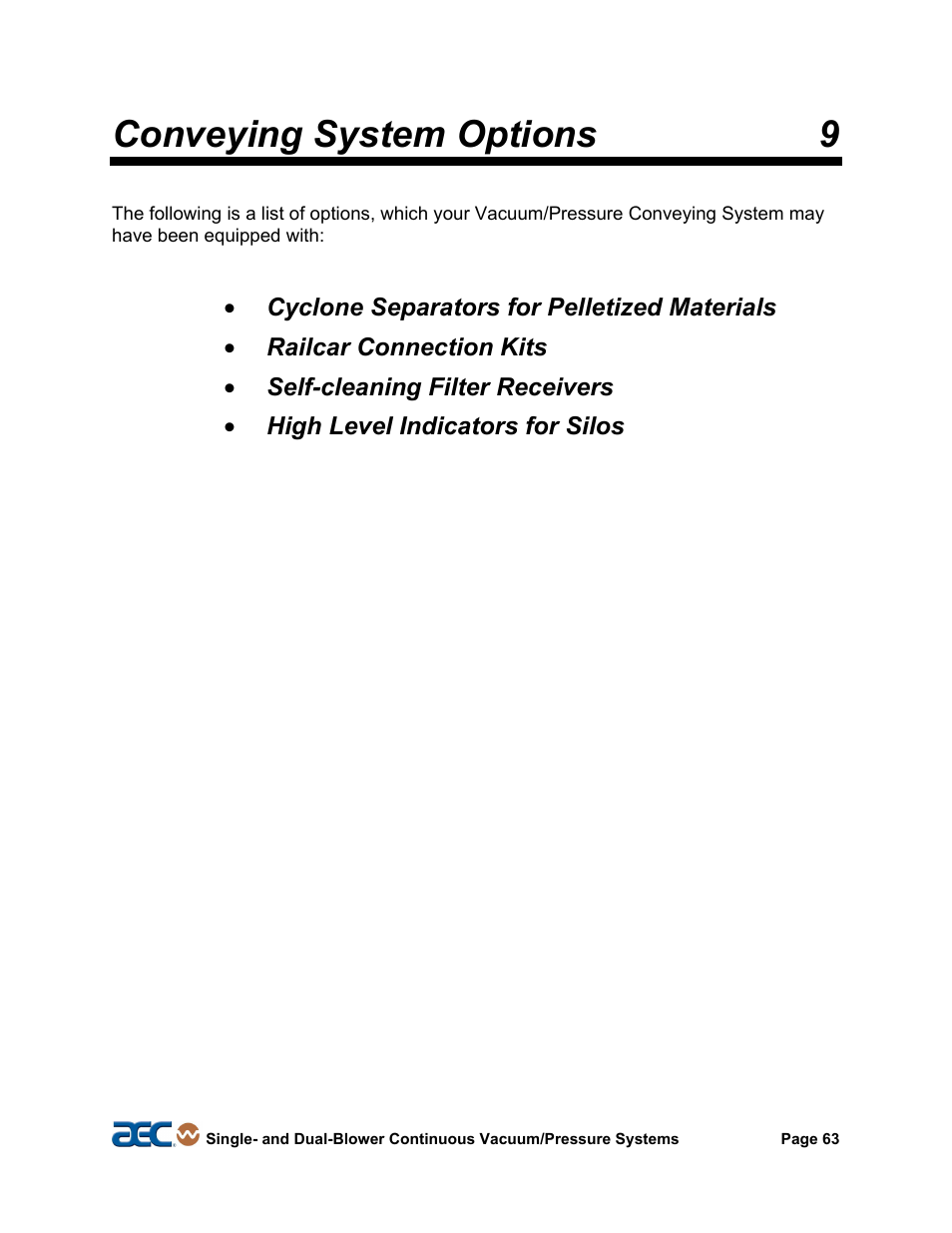 10 spare parts, Conveying system options 9 | AEC Continuous Vacuum/Pressure Conveying Systems User Manual | Page 64 / 77
