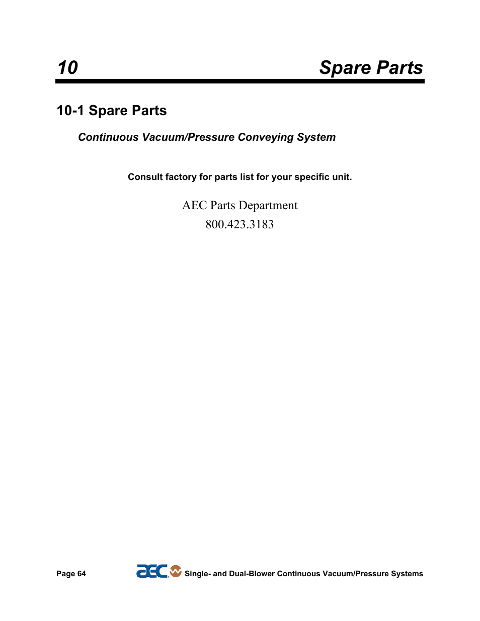 1 spare parts, 11 technical assistance, 10 spare parts | AEC Continuous Vacuum/Pressure Conveying Systems User Manual | Page 65 / 77