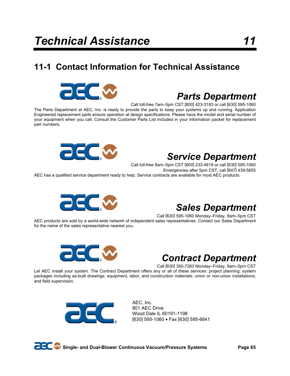 1 contact information, 2 returned material policy, Technical assistance 11 | Parts department, Service department, Sales department, Contract department, 1 contact information for technical assistance | AEC Continuous Vacuum/Pressure Conveying Systems User Manual | Page 66 / 77