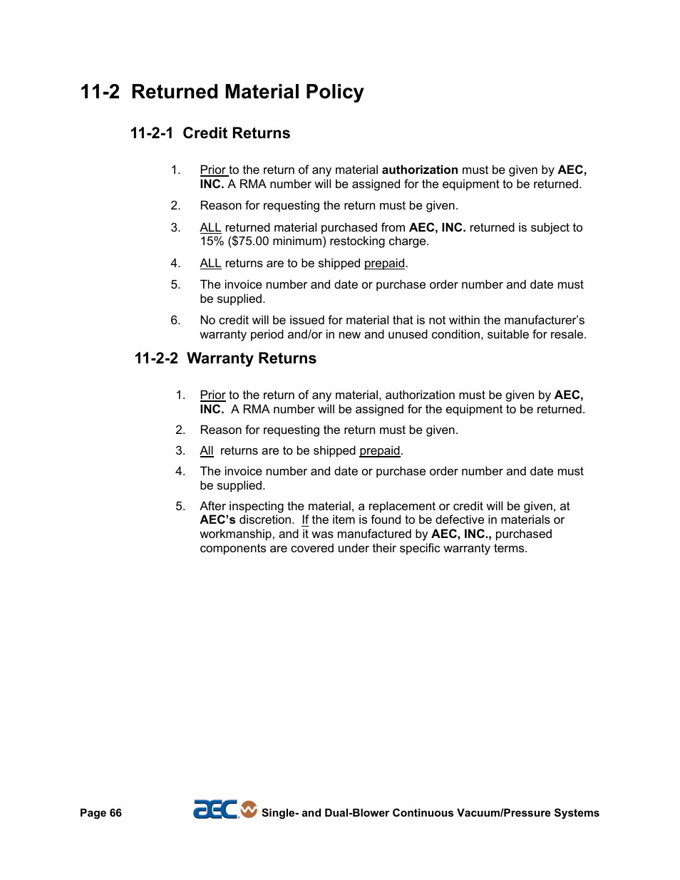 3 warranty, 2 returned material policy, 2-1 credit returns | 2-2 warranty returns | AEC Continuous Vacuum/Pressure Conveying Systems User Manual | Page 67 / 77