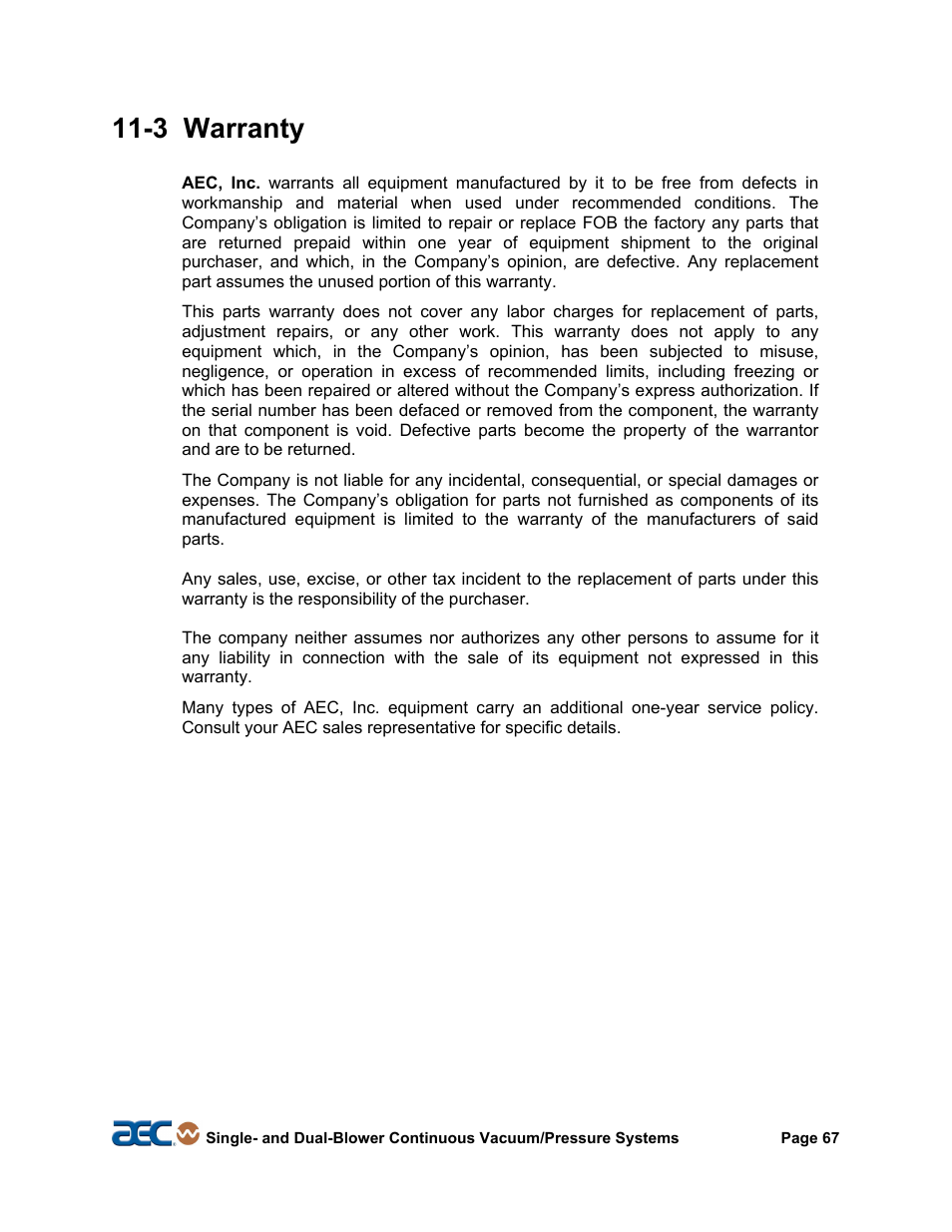 12 safety tag information, 3 warranty | AEC Continuous Vacuum/Pressure Conveying Systems User Manual | Page 68 / 77