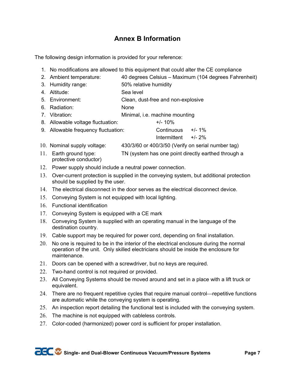 Charts & figures, Annex b information | AEC Continuous Vacuum/Pressure Conveying Systems User Manual | Page 8 / 77