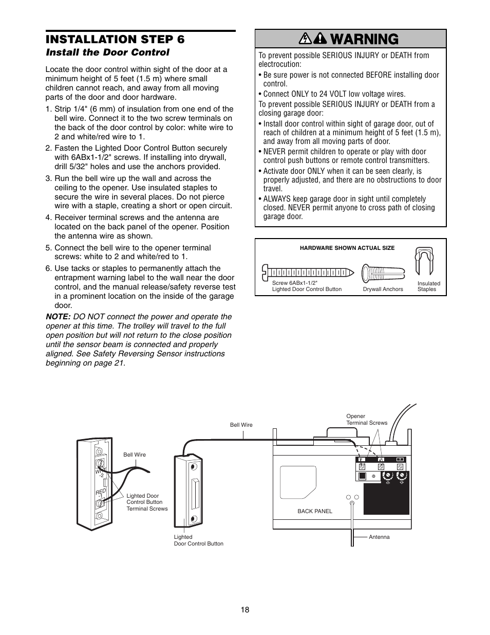 Step 6 install the door control, Warning caution warning warning, Installation step 6 | Install the door control | Chamberlain 1346 - 1HP User Manual | Page 18 / 40