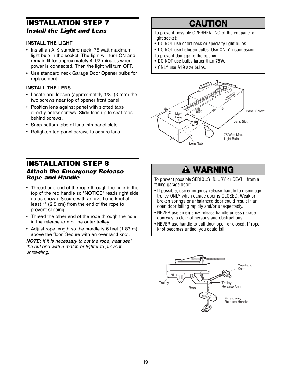 Step 7 install the light and lens, Warning caution warning warning, Installation step 7 | Installation step 8 | Chamberlain 1346 - 1HP User Manual | Page 19 / 40