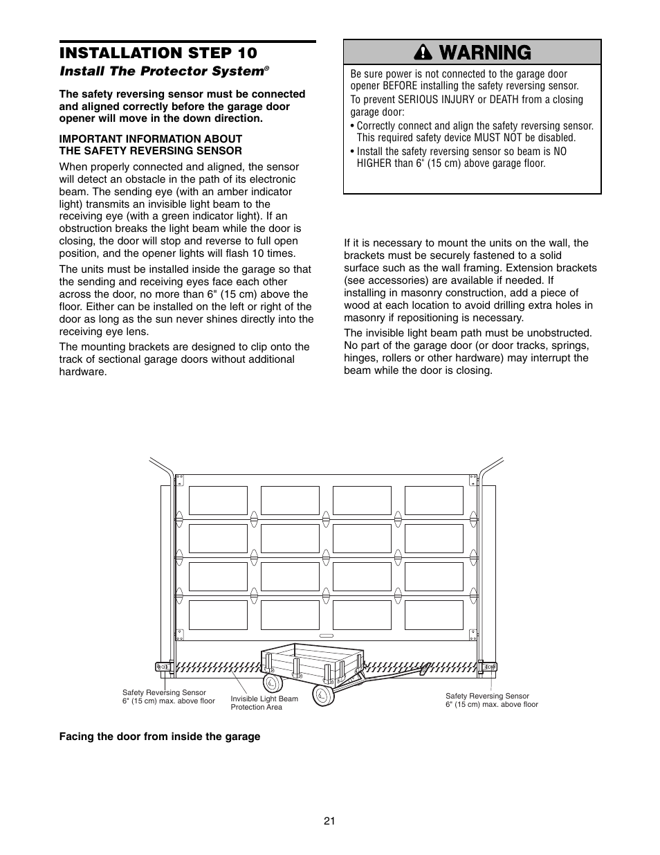 Step 10 install the protector system, Warning caution warning warning, Installation step 10 | Chamberlain 1346 - 1HP User Manual | Page 21 / 40