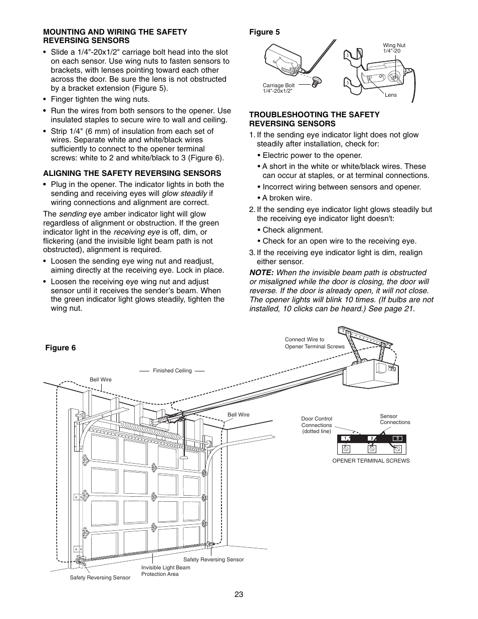 Mounting and wiring the safety reversing sensors | Chamberlain 1346 - 1HP User Manual | Page 23 / 40