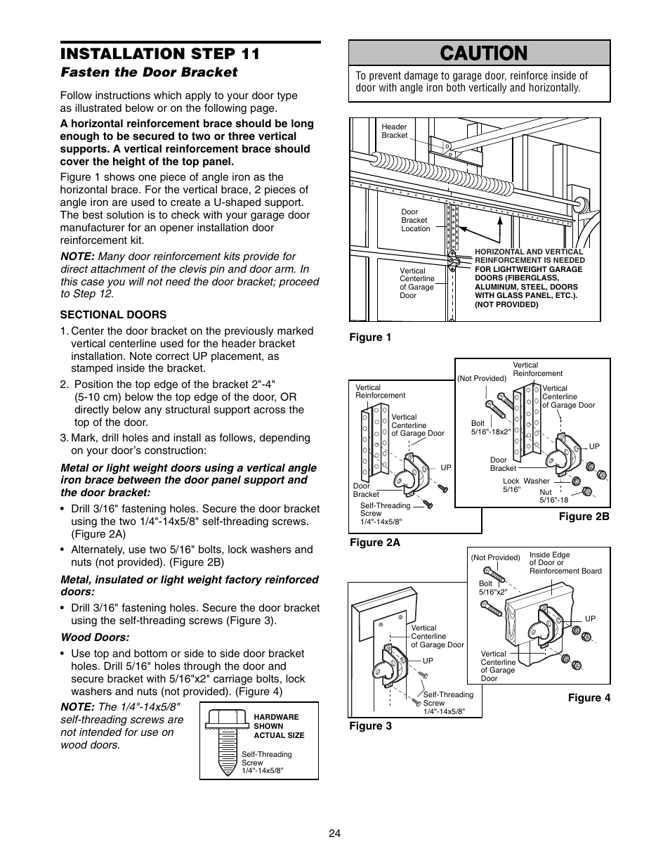 Step 11 fasten the door bracket, Warning caution warning warning, Installation step 11 | Fasten the door bracket | Chamberlain 1346 - 1HP User Manual | Page 24 / 40