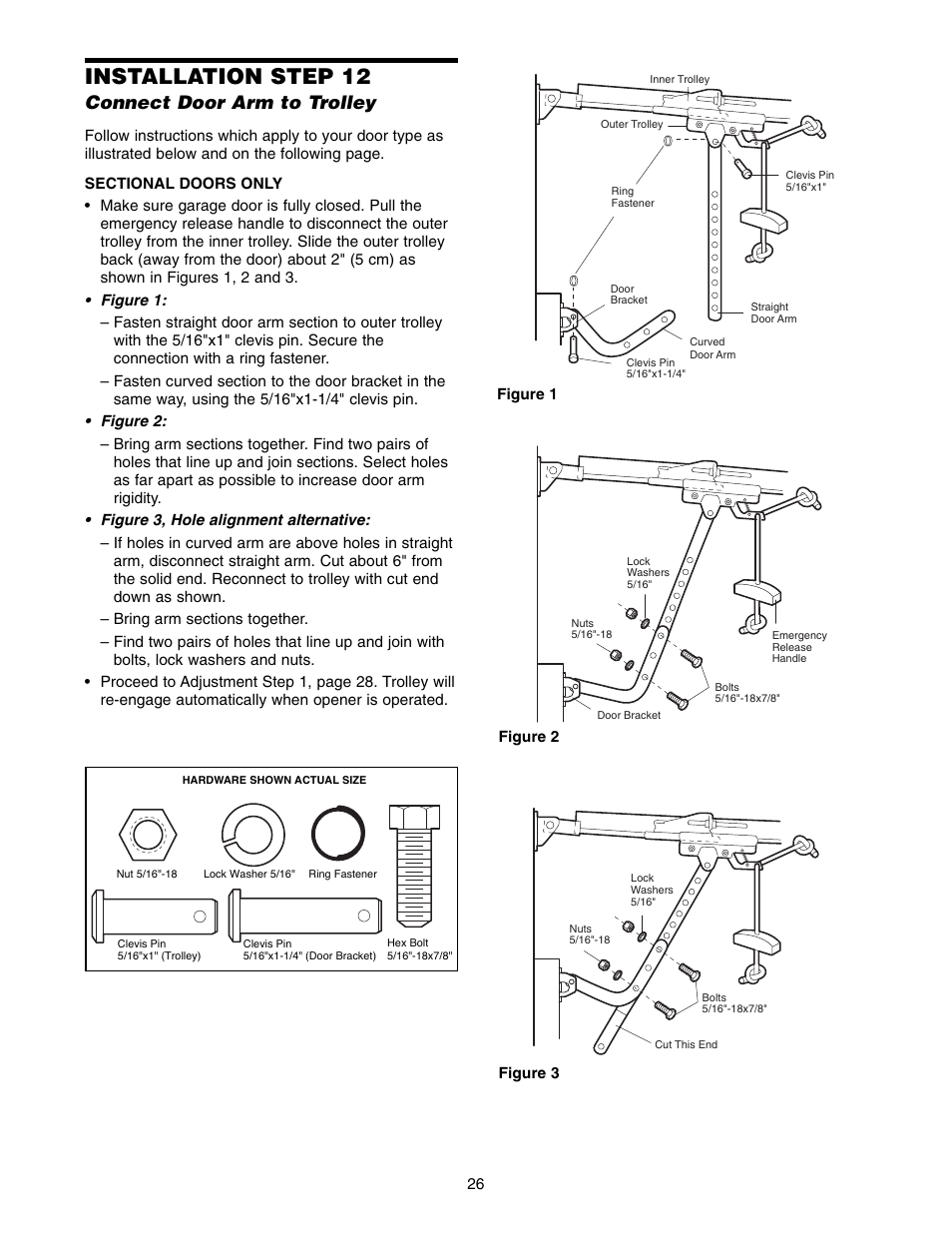 Step 12 connect door arm to trolley, Installation step 12, Connect door arm to trolley | Chamberlain 1346 - 1HP User Manual | Page 26 / 40