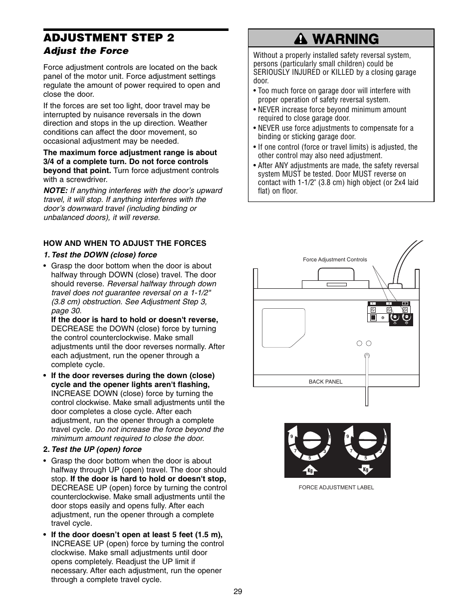 Step 2 adjust the force, Warning caution warning warning, Adjustment step 2 | Adjust the force | Chamberlain 1346 - 1HP User Manual | Page 29 / 40