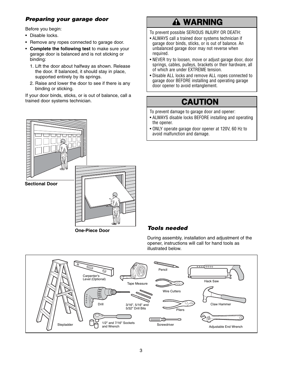 Preparing your garage door, Tools needed | Chamberlain 1346 - 1HP User Manual | Page 3 / 40