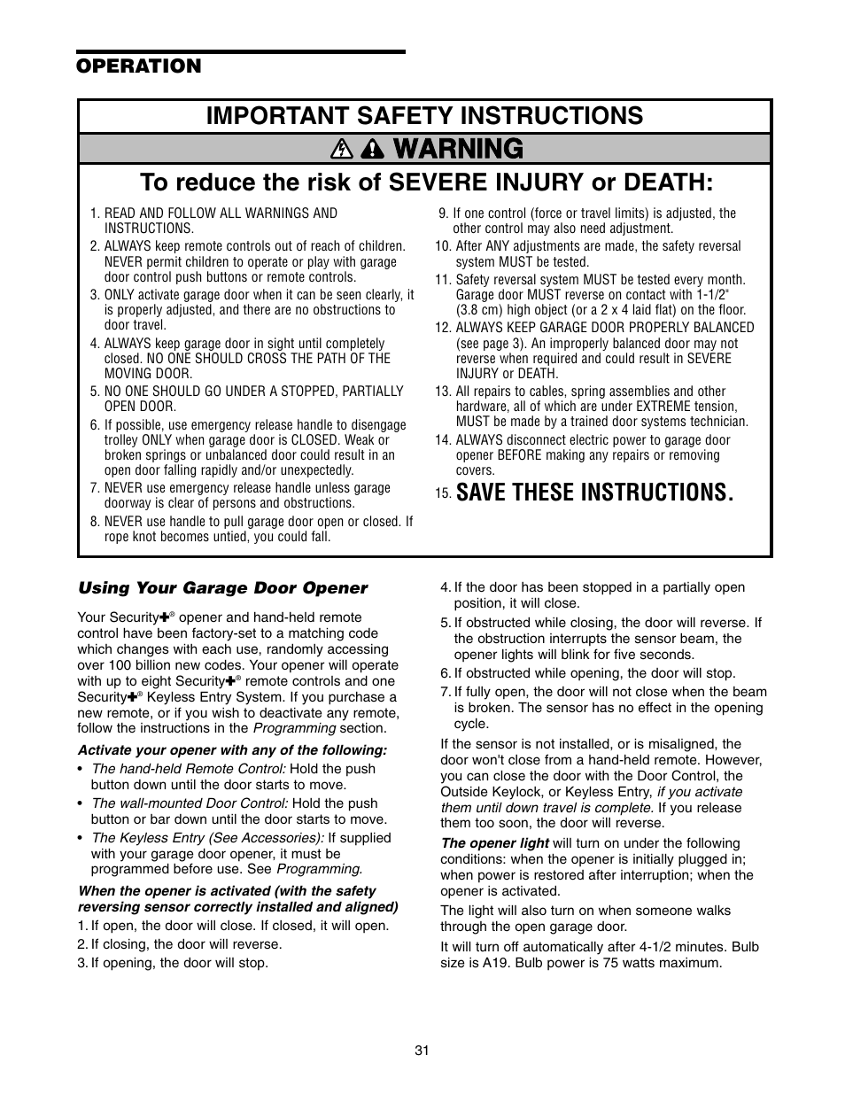 Operation, Using your garage door opener, Warning | Save these instructions | Chamberlain 1346 - 1HP User Manual | Page 31 / 40