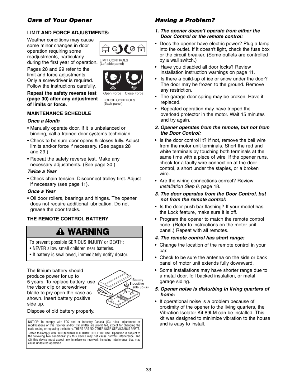 Care of your opener, Having a problem, Warning caution warning warning | Chamberlain 1346 - 1HP User Manual | Page 33 / 40