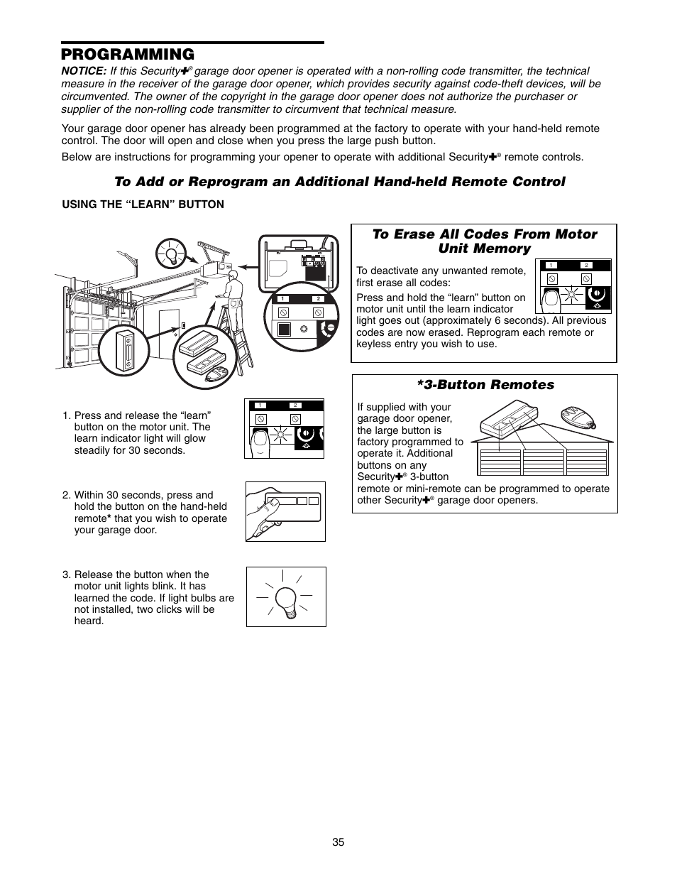 Programming, To erase all codes from motor unit memory, Button remotes | Chamberlain 1346 - 1HP User Manual | Page 35 / 40