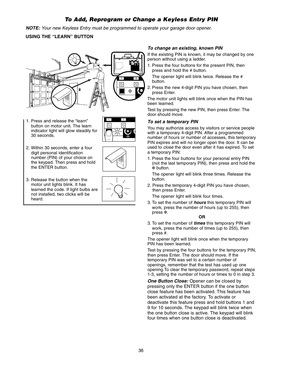 To add, reprogram or change a keyless entry pin | Chamberlain 1346 - 1HP User Manual | Page 36 / 40