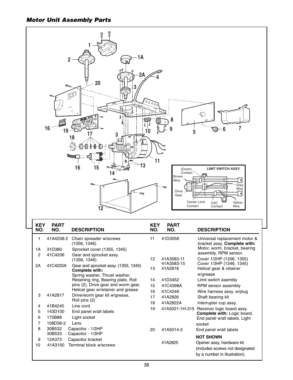 Motor unit assembly parts | Chamberlain 1346 - 1HP User Manual | Page 38 / 40