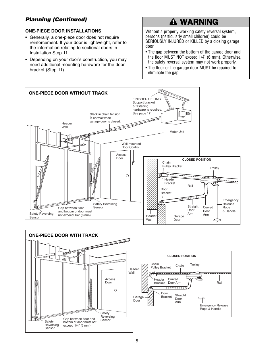 One-piece door installations, Warning caution warning warning, Planning (continued) | Chamberlain 1346 - 1HP User Manual | Page 5 / 40