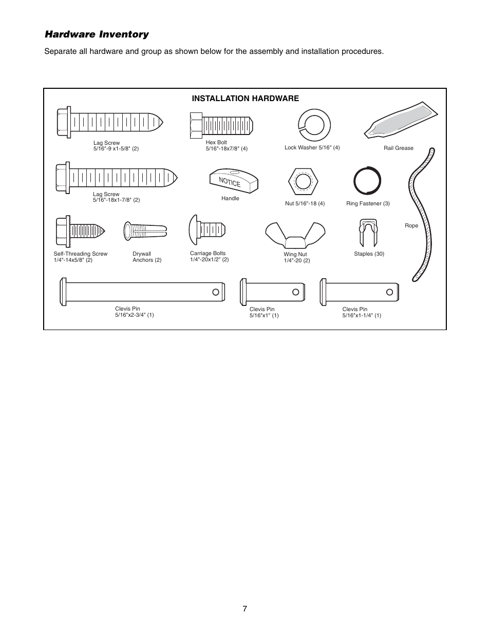 Hardware inventory, Installation hardware | Chamberlain 1346 - 1HP User Manual | Page 7 / 40