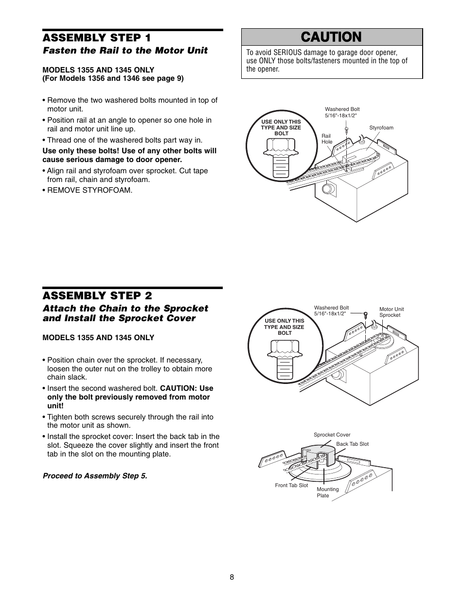 Assembly, Step 1 fasten the rail to the motor unit, Warning caution warning warning | Assembly step 1, Assembly step 2 | Chamberlain 1346 - 1HP User Manual | Page 8 / 40