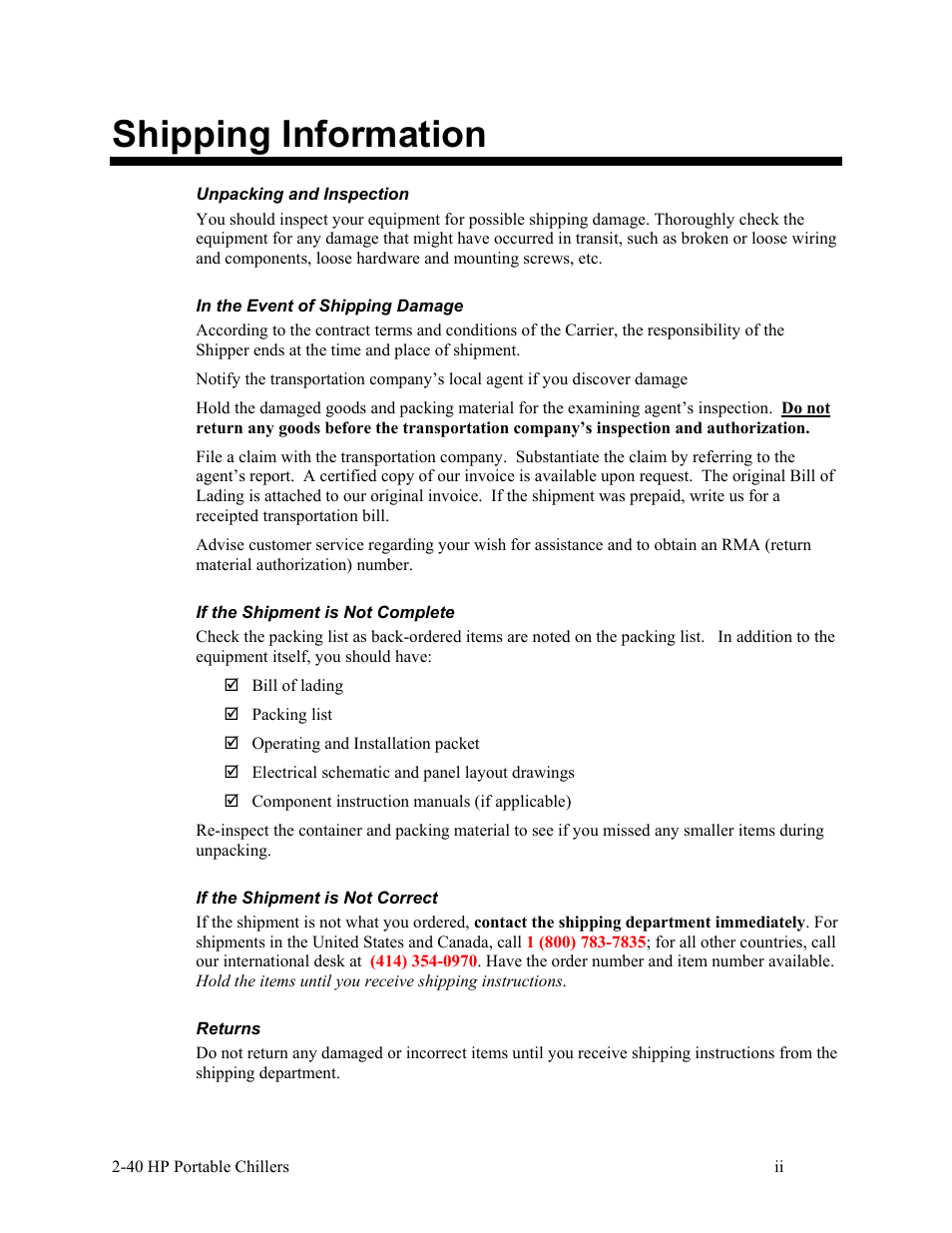 Shipping information | AEC 2-40 HP Portable Chillers User Manual | Page 3 / 79