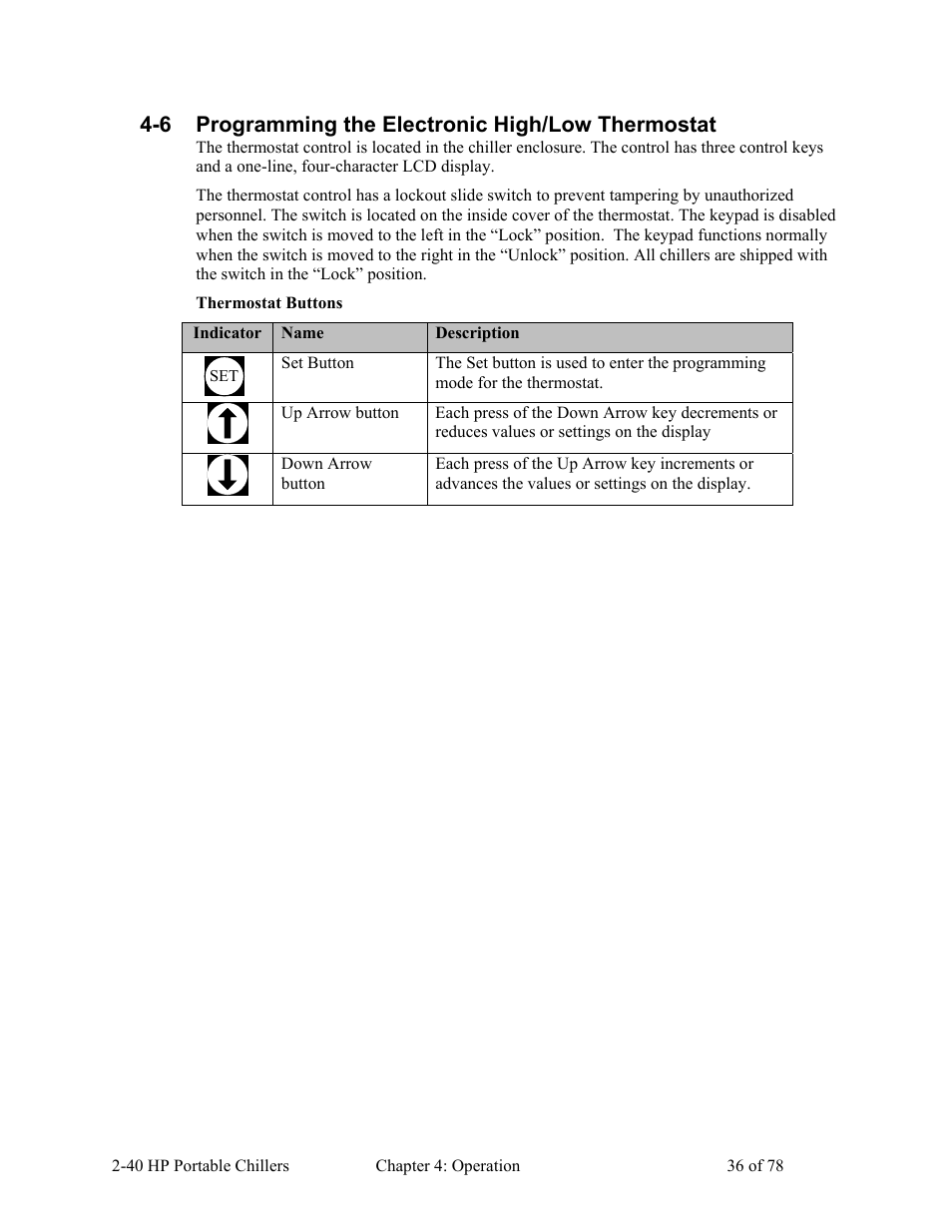 6 programming the electronic high/low thermostat | AEC 2-40 HP Portable Chillers User Manual | Page 37 / 79