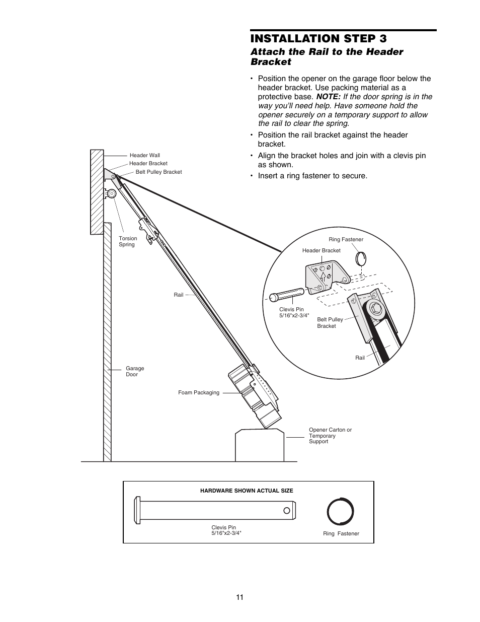 Installation step 3, Attach the rail to the header bracket | Chamberlain 2500B User Manual | Page 11 / 36