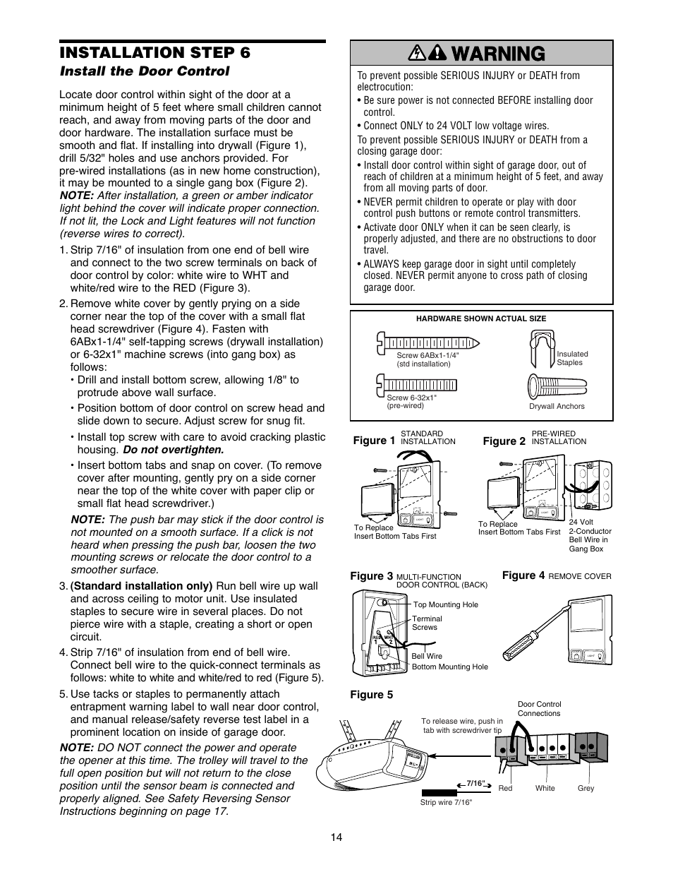 Installation step 6 install the door control, Warning caution warning warning, Installation step 6 | Install the door control | Chamberlain 2500B User Manual | Page 14 / 36