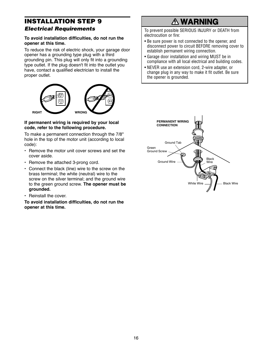 Installation step 9 electrical requirements, Warning caution warning warning, Installation step 9 | Chamberlain 2500B User Manual | Page 16 / 36