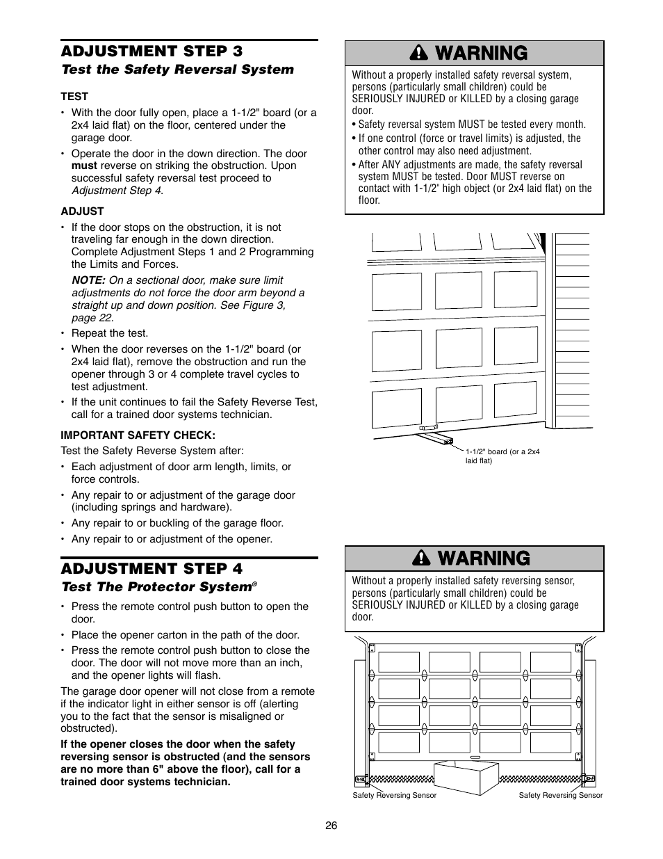 Adjustment step 3 test the safety reversal system, Adjustment step 4 test the protector system | Chamberlain 2500B User Manual | Page 26 / 36