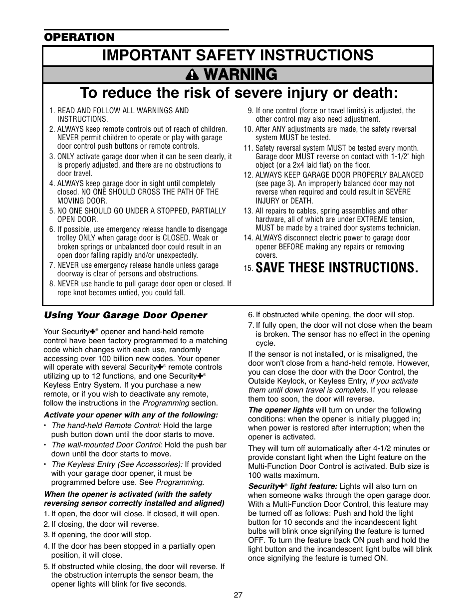 Operation, Using your garage door opener, Save these instructions | Chamberlain 2500B User Manual | Page 27 / 36