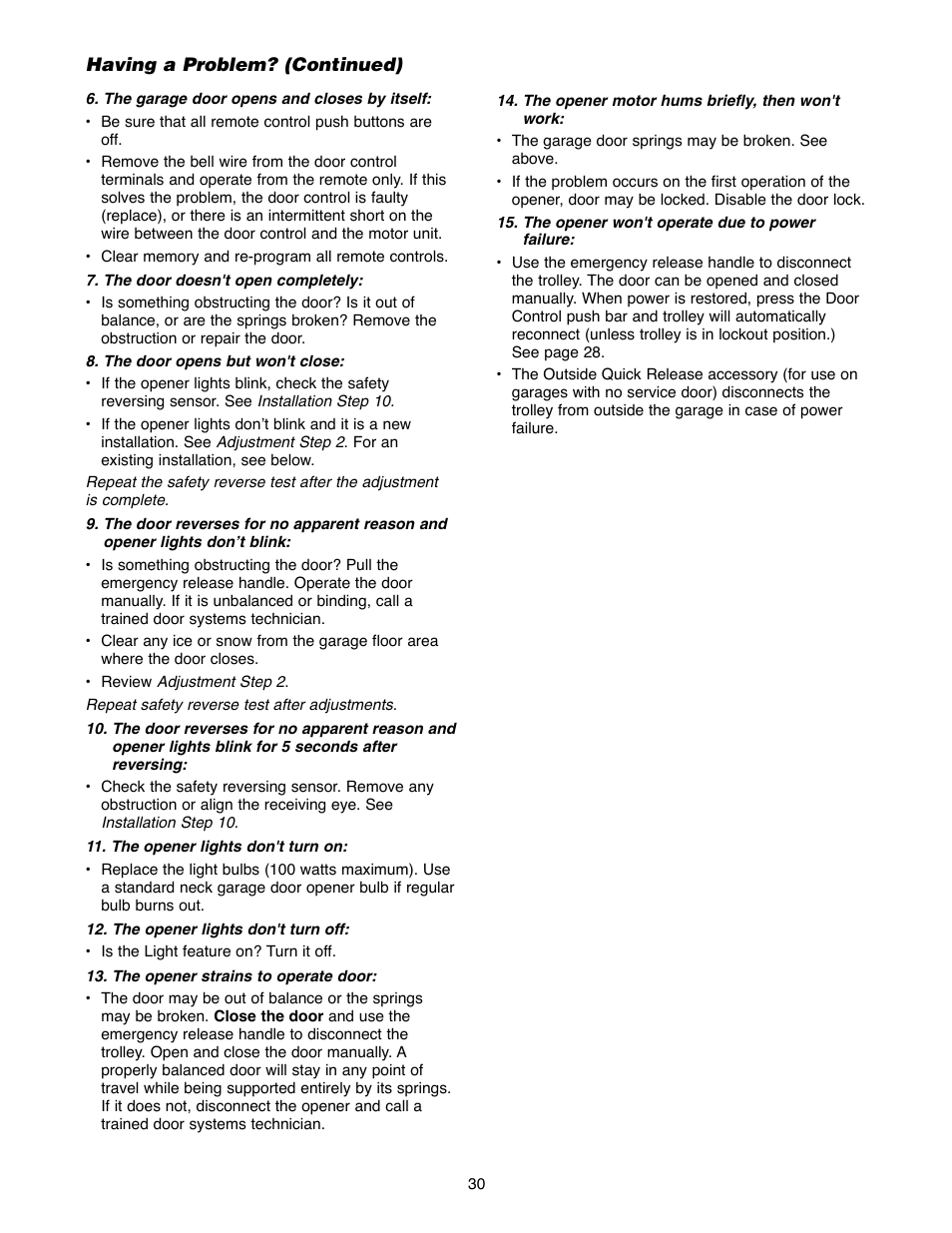 Having a problem? (continued) | Chamberlain 2500B User Manual | Page 30 / 36