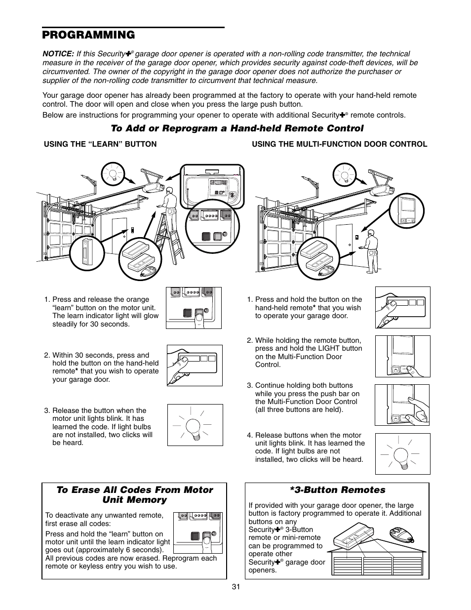 Programming, Button remotes | Chamberlain 2500B User Manual | Page 31 / 36