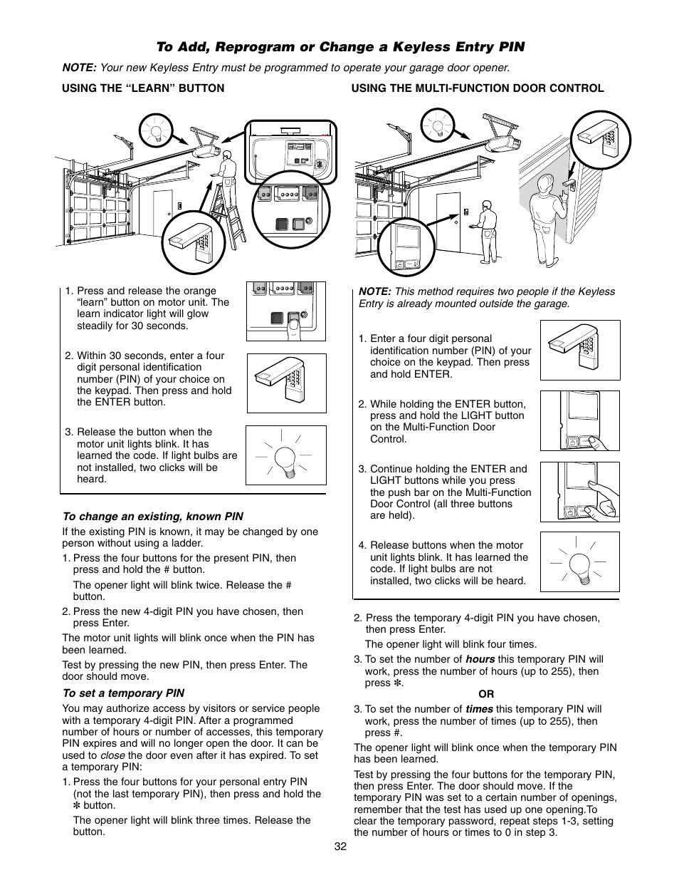 To add, reprogram or change a keyless entry pin | Chamberlain 2500B User Manual | Page 32 / 36