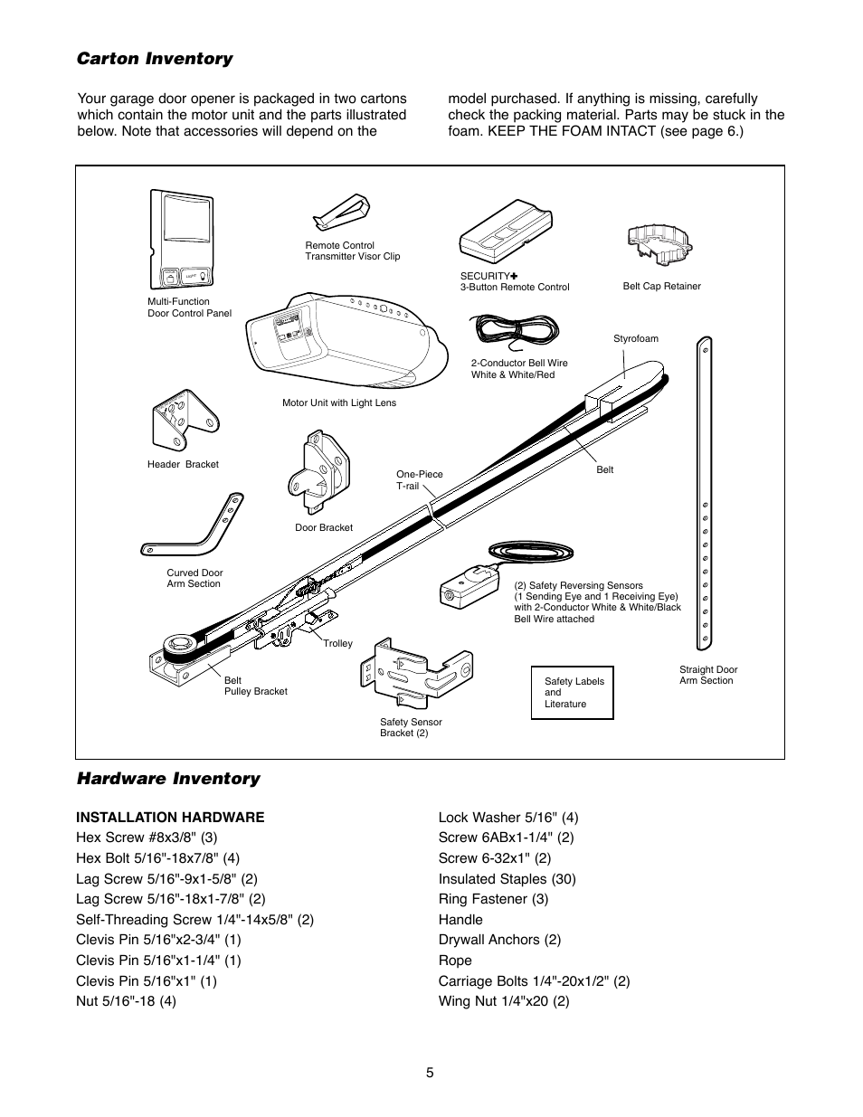 Carton inventory, Hardware inventory, Carton inventory hardware inventory | Chamberlain 2500B User Manual | Page 5 / 36