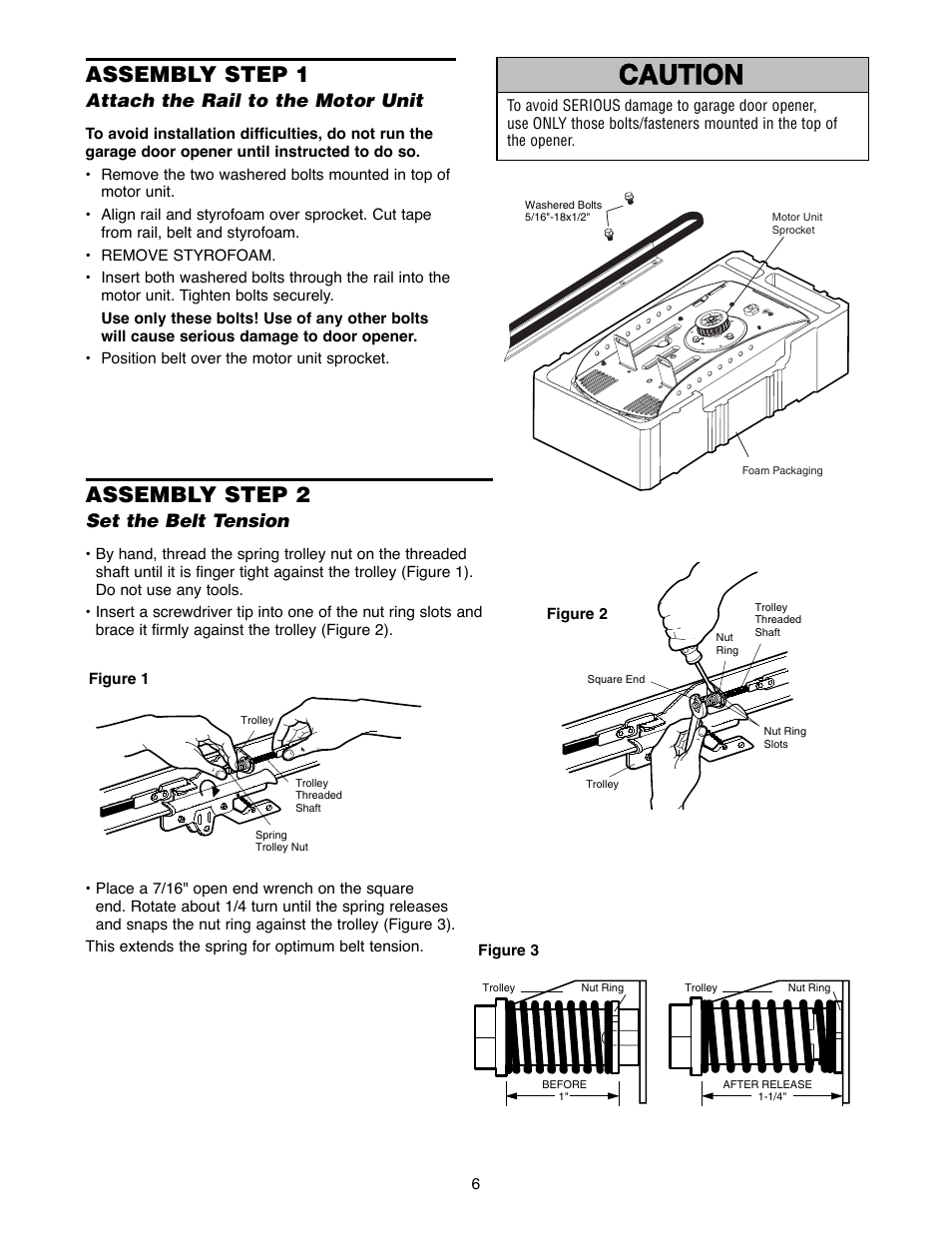 Assembly, Assembly step 1 attach the rail to the motor unit, Assembly step 2 set the belt tension | Warning caution warning warning, Assembly step 1, Assembly step 2, Attach the rail to the motor unit, Set the belt tension | Chamberlain 2500B User Manual | Page 6 / 36