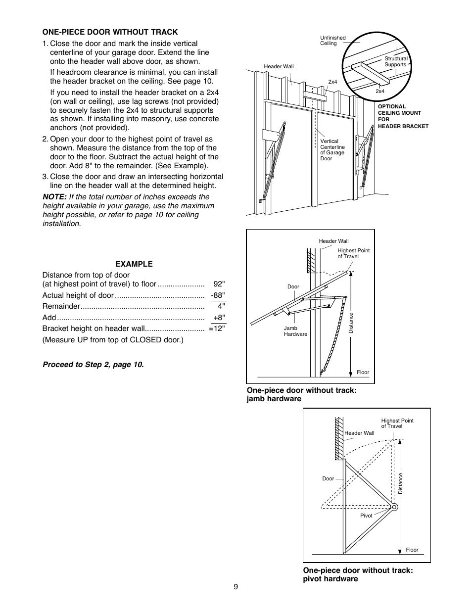 One-piece door without track | Chamberlain 2500B User Manual | Page 9 / 36
