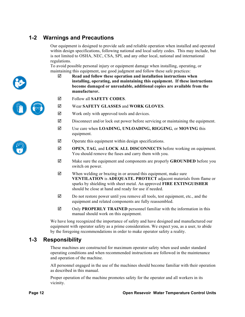 2 warnings and precautions, 3 responsibility | AEC TCU Series Open Reservoir Water Temperature Control Units User Manual | Page 11 / 51
