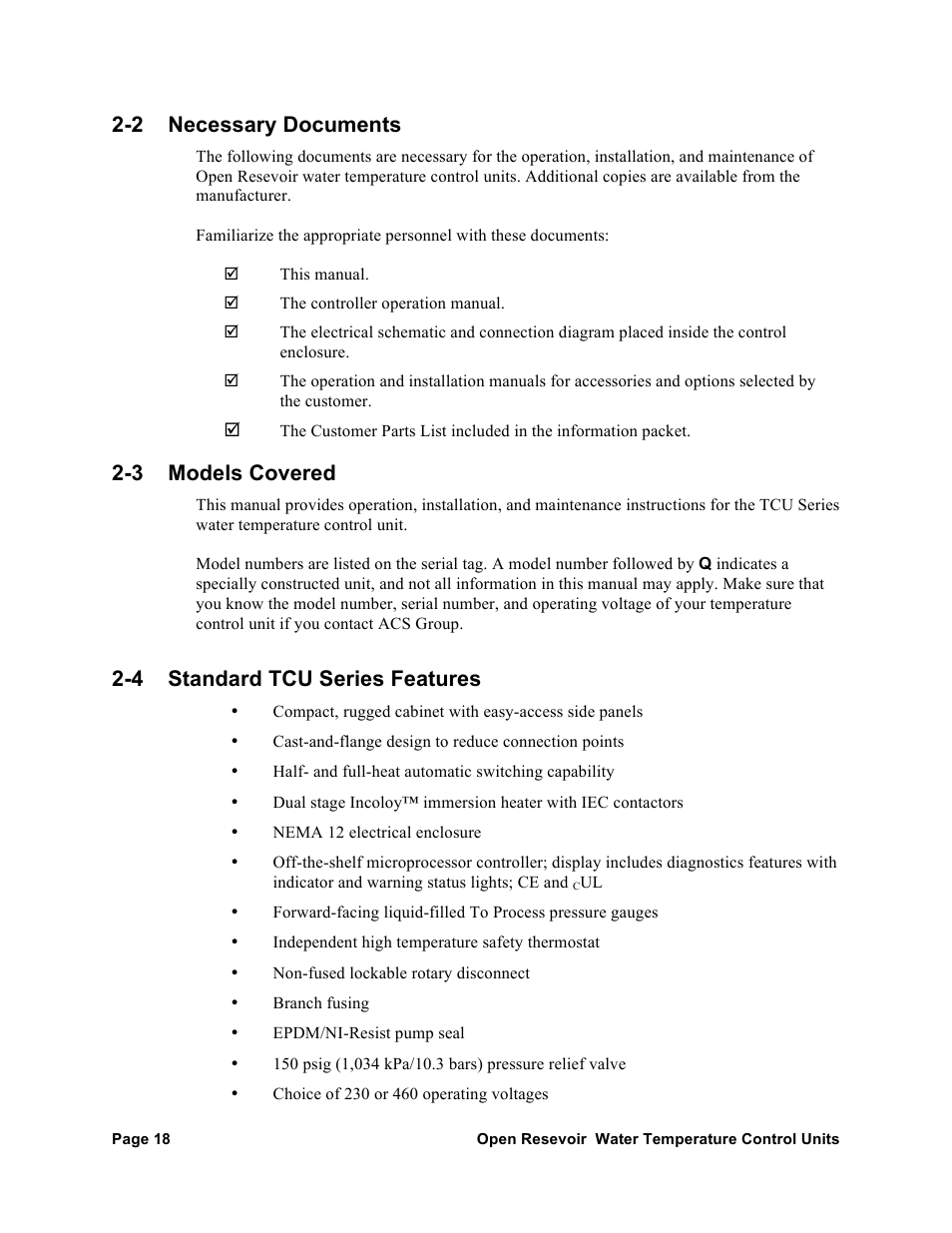 2 necessary documents, 3 models covered, 4 standard tcu series features | AEC TCU Series Open Reservoir Water Temperature Control Units User Manual | Page 17 / 51