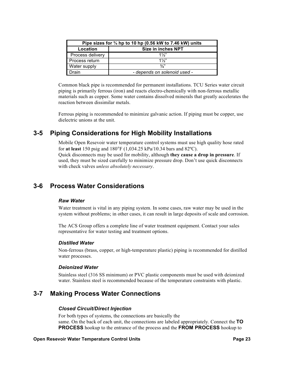 6 process water considerations, 7 making process water connections | AEC TCU Series Open Reservoir Water Temperature Control Units User Manual | Page 22 / 51