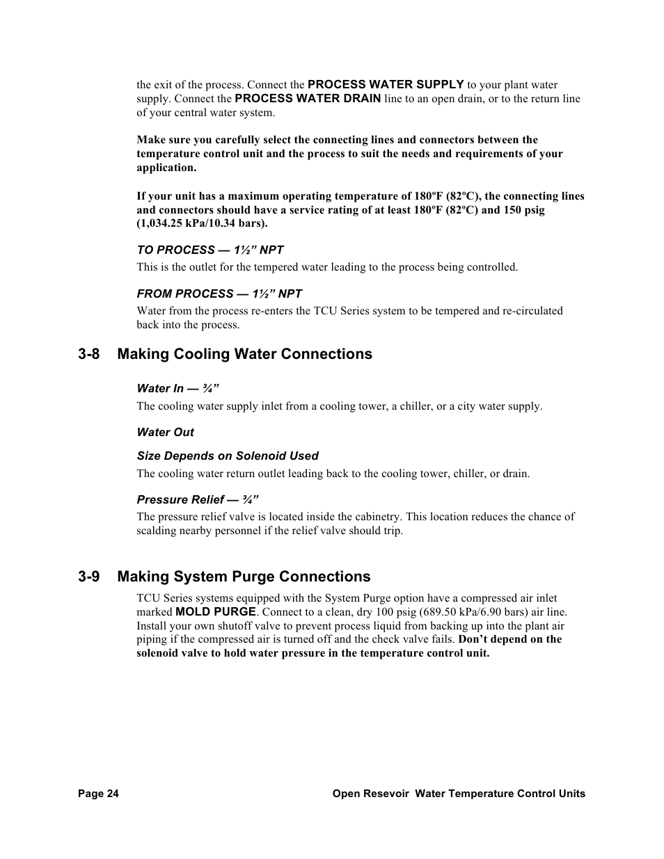 8 making cooling water connections, 9 making system purge connections | AEC TCU Series Open Reservoir Water Temperature Control Units User Manual | Page 23 / 51