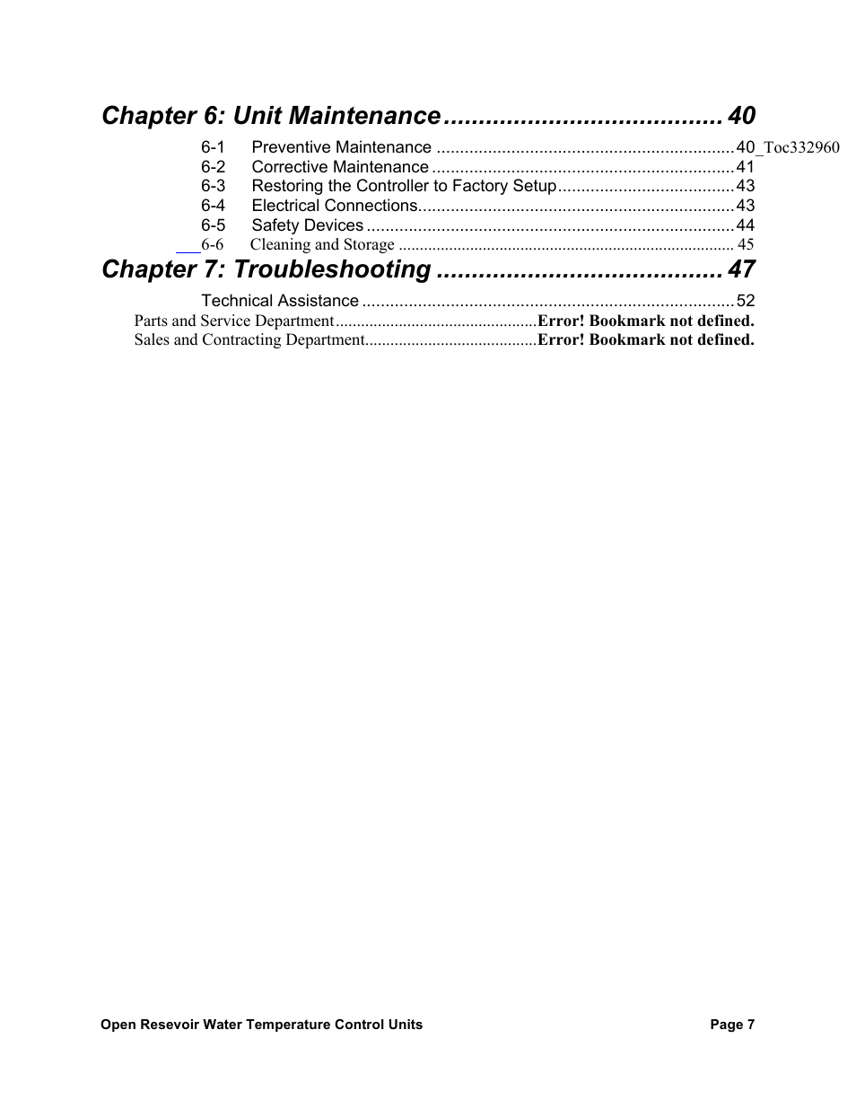 Chapter 6: unit maintenance, Chapter 7: troubleshooting | AEC TCU Series Open Reservoir Water Temperature Control Units User Manual | Page 6 / 51