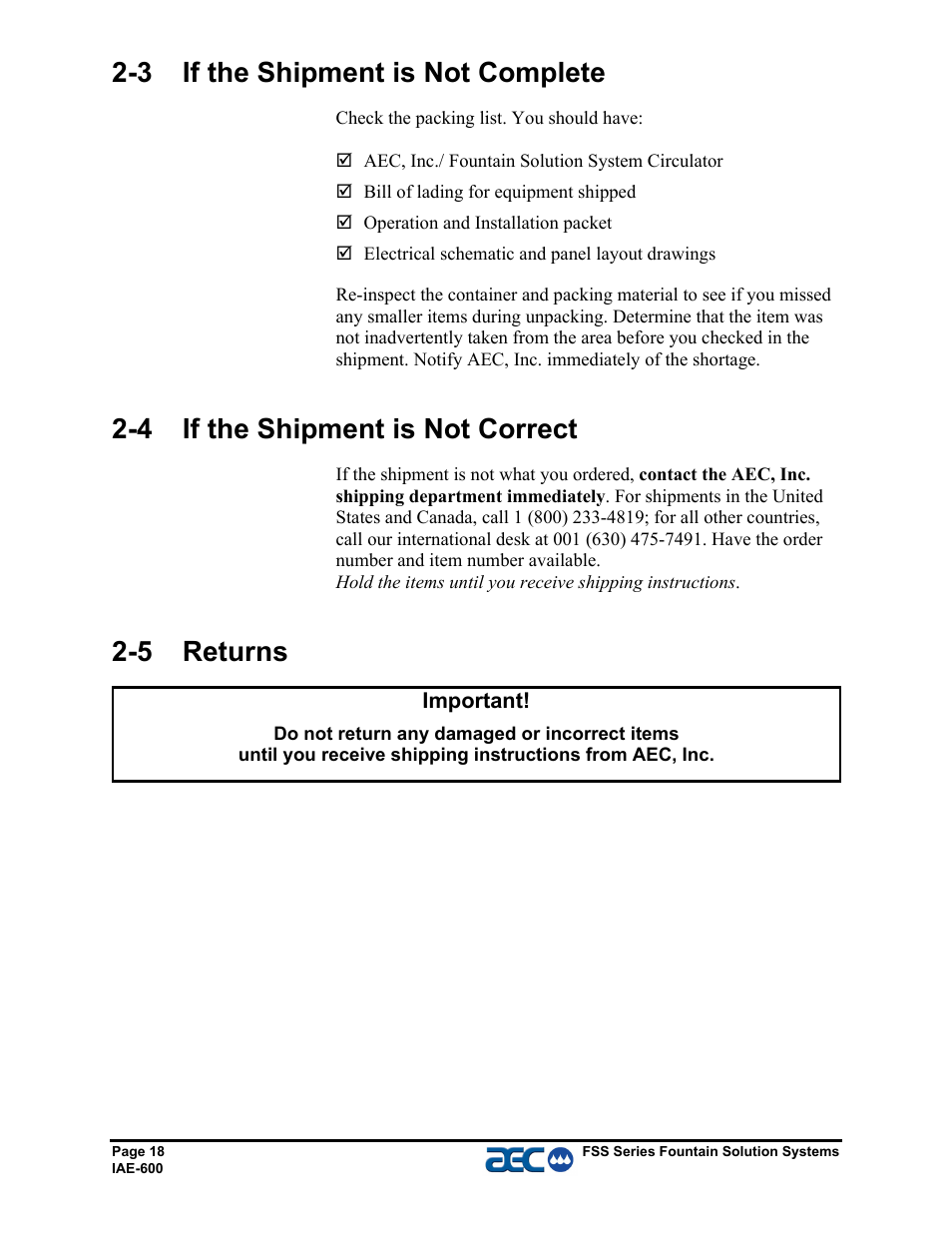 3 if the shipment is not complete, 4 if the shipment is not correct, 5 returns | AEC FSS Series 1.5- 10 HP Fountain Solution Systems User Manual | Page 19 / 81