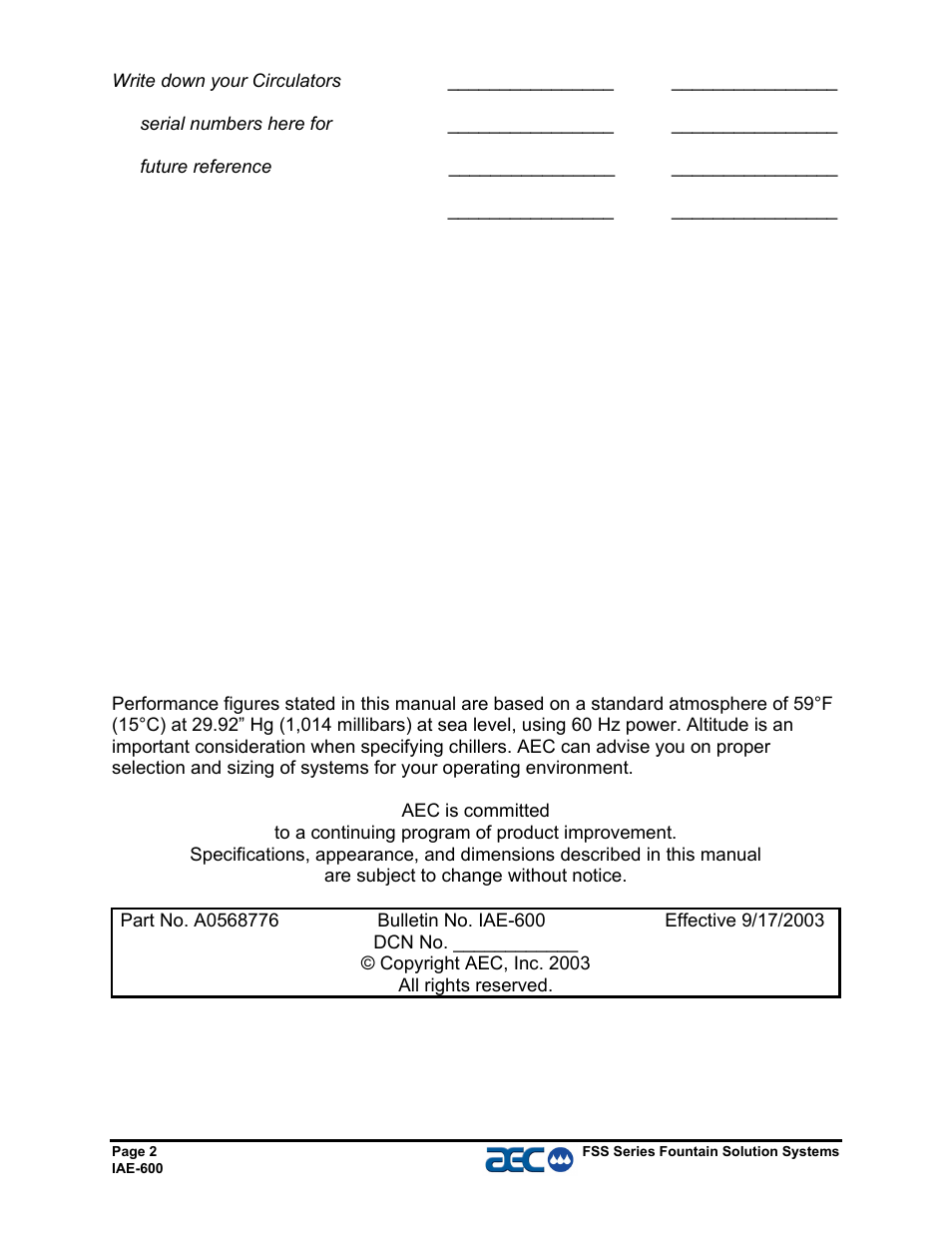 AEC FSS Series 1.5- 10 HP Fountain Solution Systems User Manual | Page 2 / 81