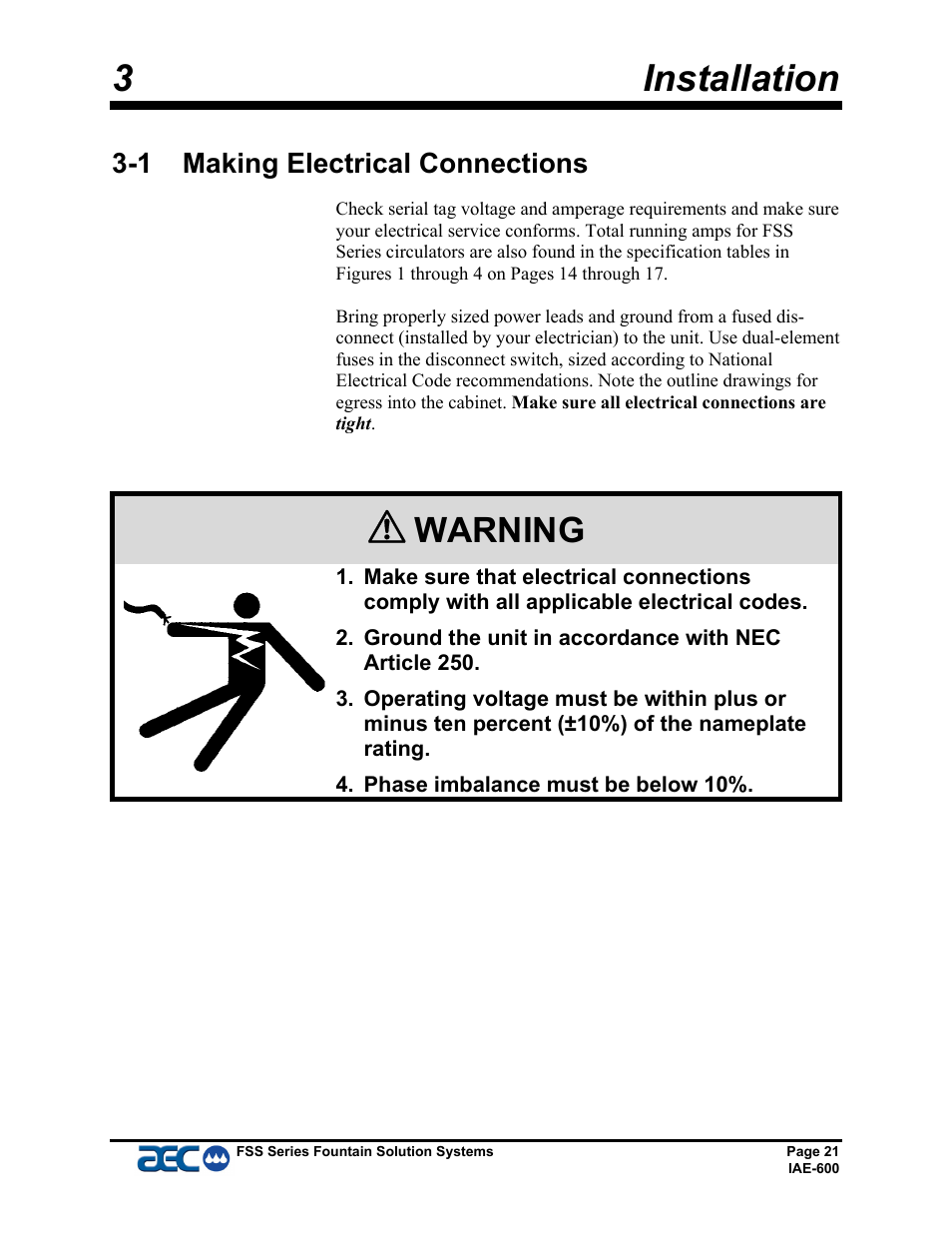 3installation, Warning, 1 making electrical connections | AEC FSS Series 1.5- 10 HP Fountain Solution Systems User Manual | Page 22 / 81