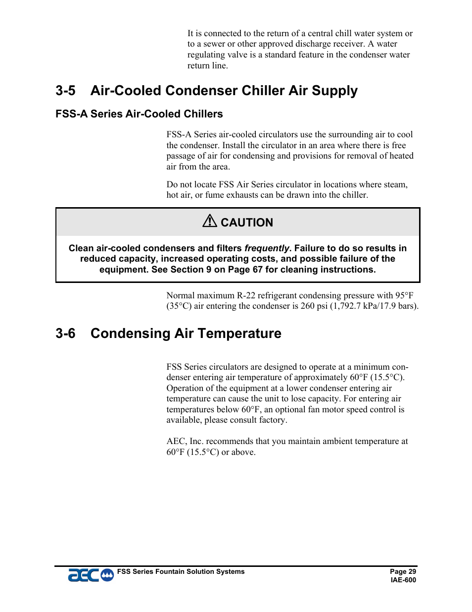 5 air-cooled condenser chiller air supply, 6 condensing air temperature | AEC FSS Series 1.5- 10 HP Fountain Solution Systems User Manual | Page 30 / 81