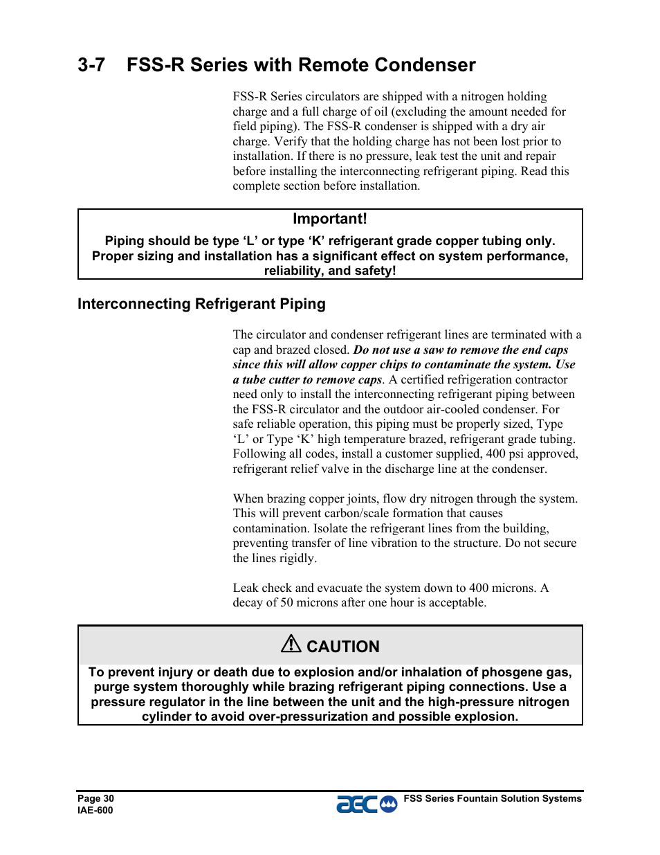 7 fss-r series with remote condenser, Caution | AEC FSS Series 1.5- 10 HP Fountain Solution Systems User Manual | Page 31 / 81