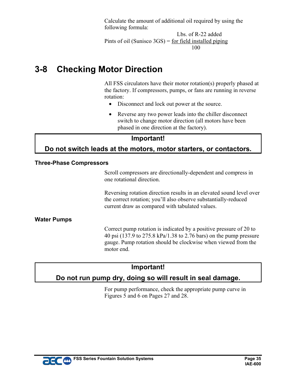 8 checking motor direction | AEC FSS Series 1.5- 10 HP Fountain Solution Systems User Manual | Page 36 / 81