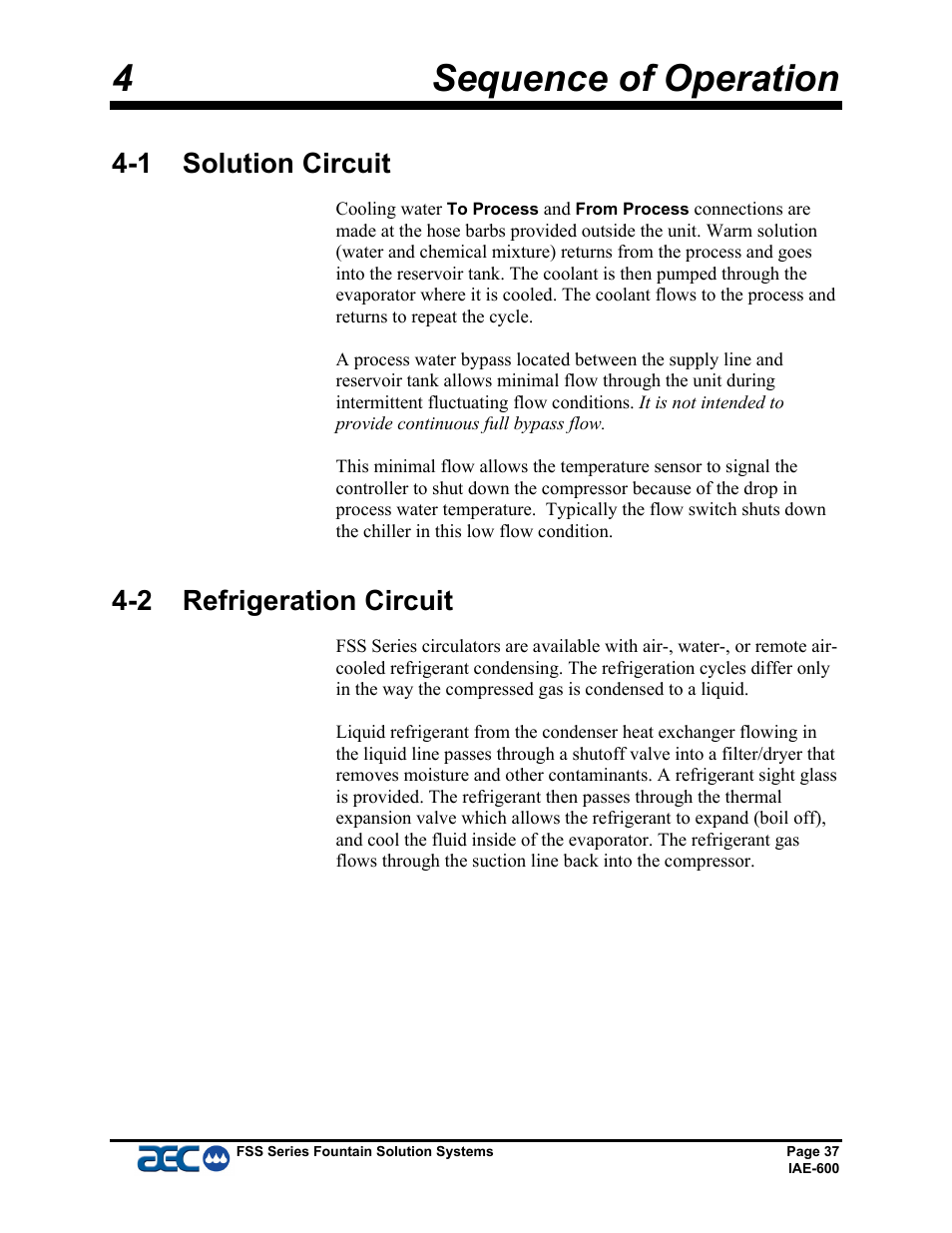 4sequence of operation, 1 solution circuit, 2 refrigeration circuit | AEC FSS Series 1.5- 10 HP Fountain Solution Systems User Manual | Page 38 / 81